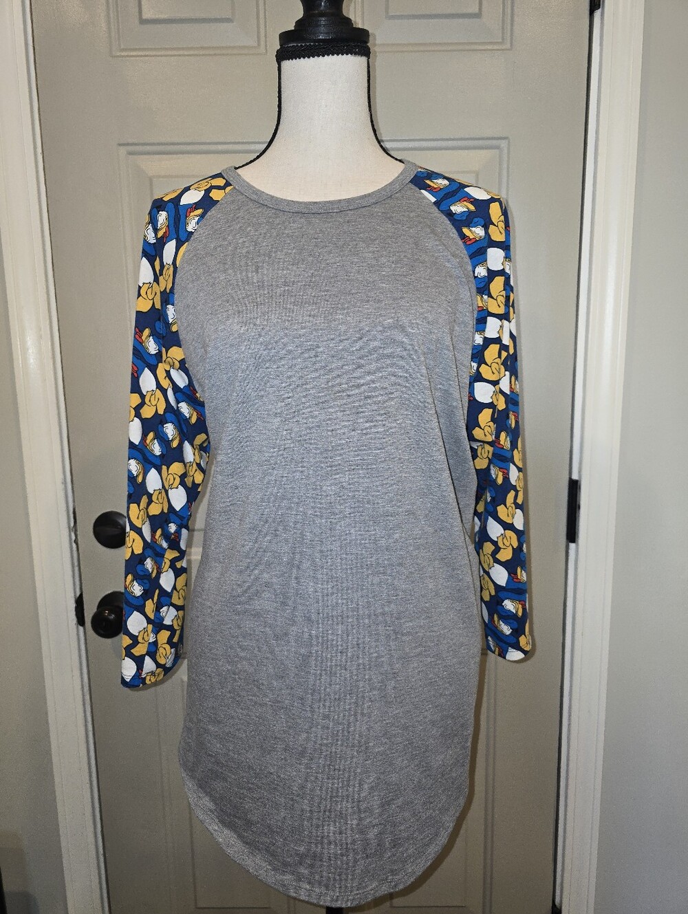Lularoe Gray Raglan Tunic Top with Disney Donald Duck Sleeve Print